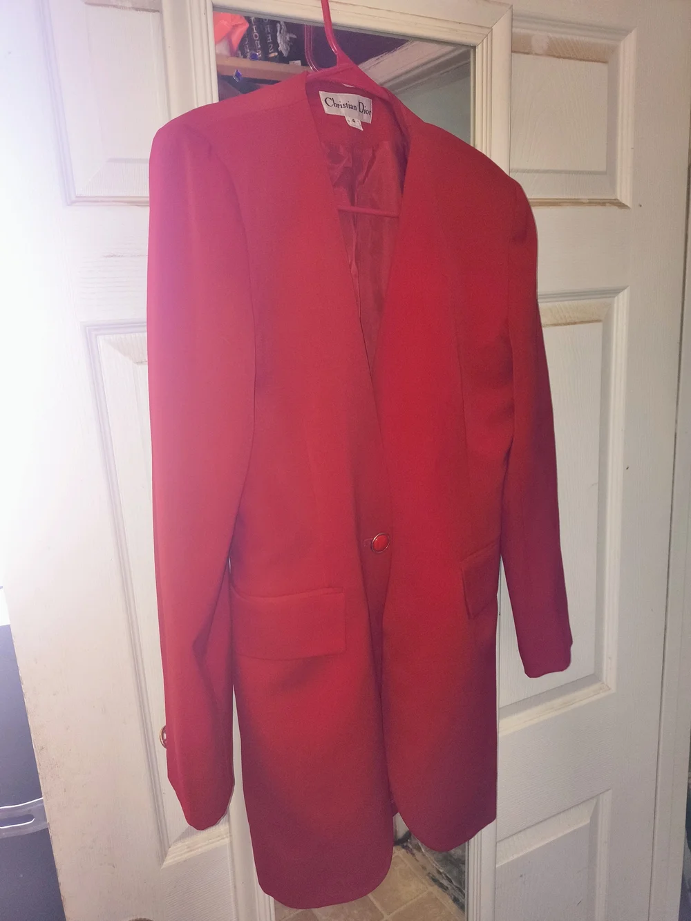 Vintage Christian Dior Red Longline Collarless Blazer Coat - Size 4 (80s/90s)